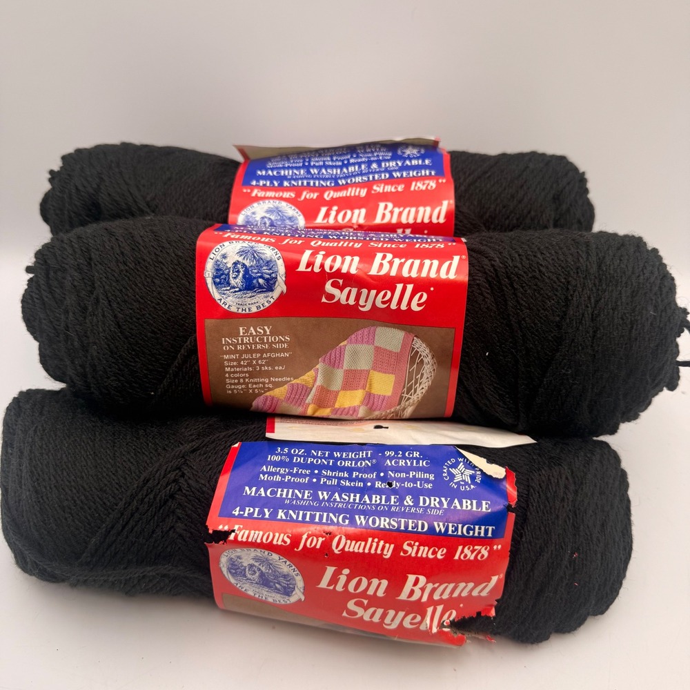 Lion Brand Sayelle Black Yarn 5 Skeins 4-Ply Worsted Dupont Orlon Acrylic VTG